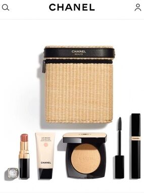 CHANEL Beige Straw Cosmetic Case with Black Trim & Makeup Set
